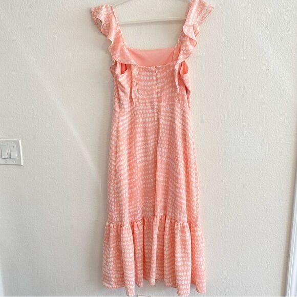 BCBG Paris Peach Pink Ruffle Dot Print Midi Dress Size Medium - Picture 2 of 15